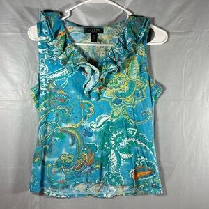 Lauren Ralph Lauren Petite M Boho Floral Paisley Ruffle Front Tank Blouse Summer